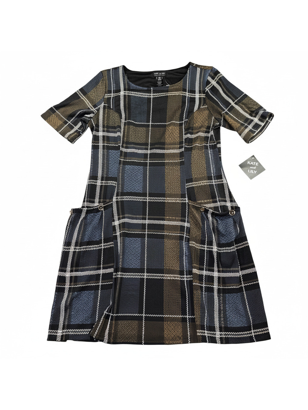 NWT Kate and Lily Plaid Knit Dress Pockets Short Sleeve Women's Size 14W Stretch